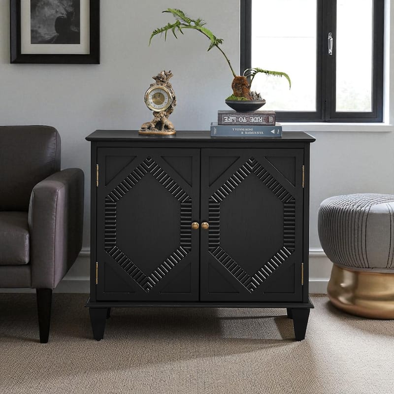 Retro Wooden Sideboard Buffet Cabinet, Geometric Accent Storage Credenza with Adjustable Shelf, Entryway/Dining/Media Console - Black
