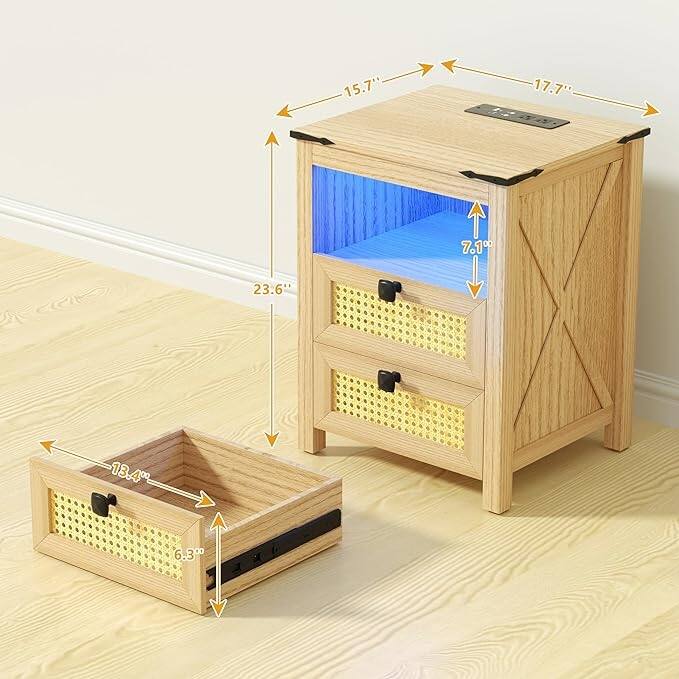 Nightstand with LED Night Stand with Rattan Drawers