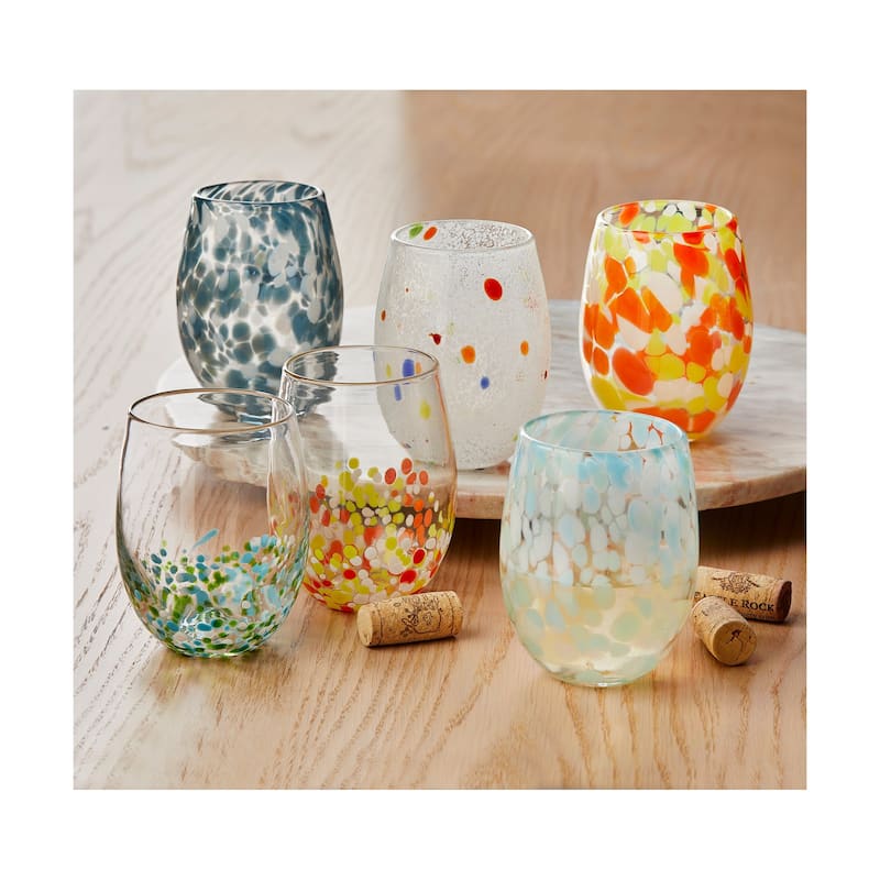 16 oz. Confetti Glass Stemless Wine Drinkware Aqua Blue and White Dishwasher Safe Beverage Glassware Dinner Party Wedding