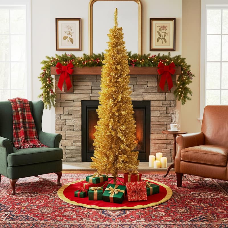 Pre-Lit Pencil Tinsel Artificial Christmas Tree - 6' - Gold - Clear Lights - Red Wire - 6 Foot