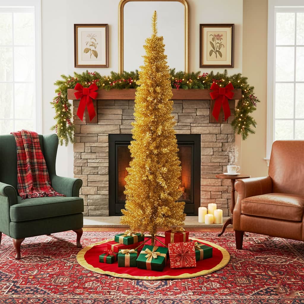 Pre-Lit Pencil Tinsel Artificial Christmas Tree - 6' - Gold - Clear Lights - Red Wire - 6 Foot