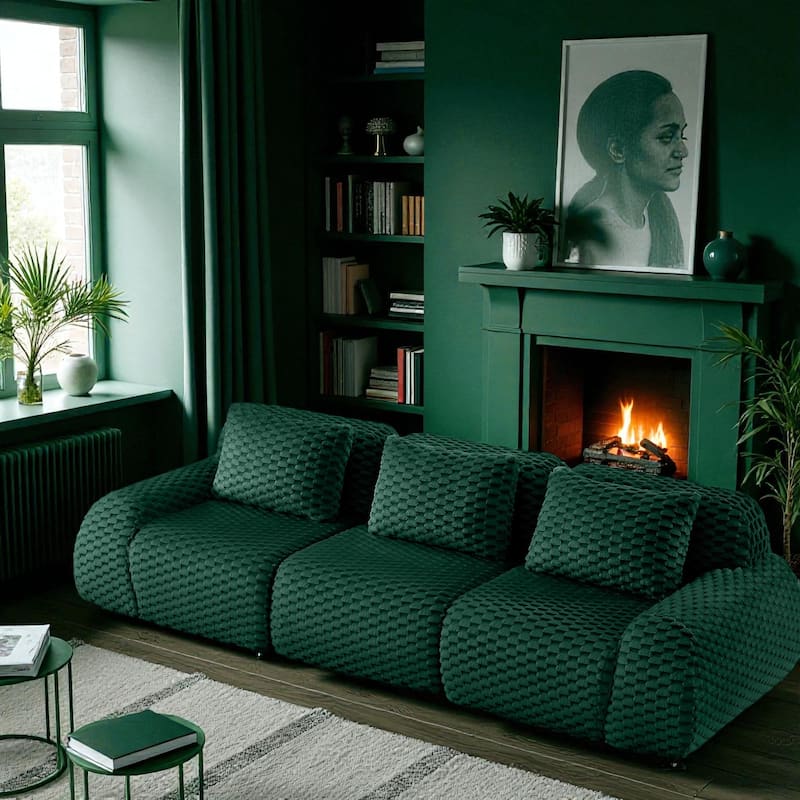 114" Modern Modular Flannelette Sectional Sofa, Oversized 3-Seater Deep Seat Boneless Couch with Buckle Connection