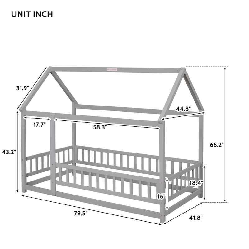Twin Size Wooden Floor Bed with House Roof Frame, Fence Guardrails for Kids, Bedroom