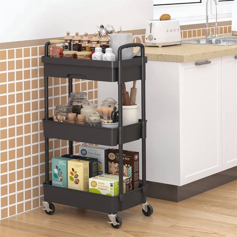 3-Tier Rolling Cart - 11.41"D x 15.35"W x 30.71"H