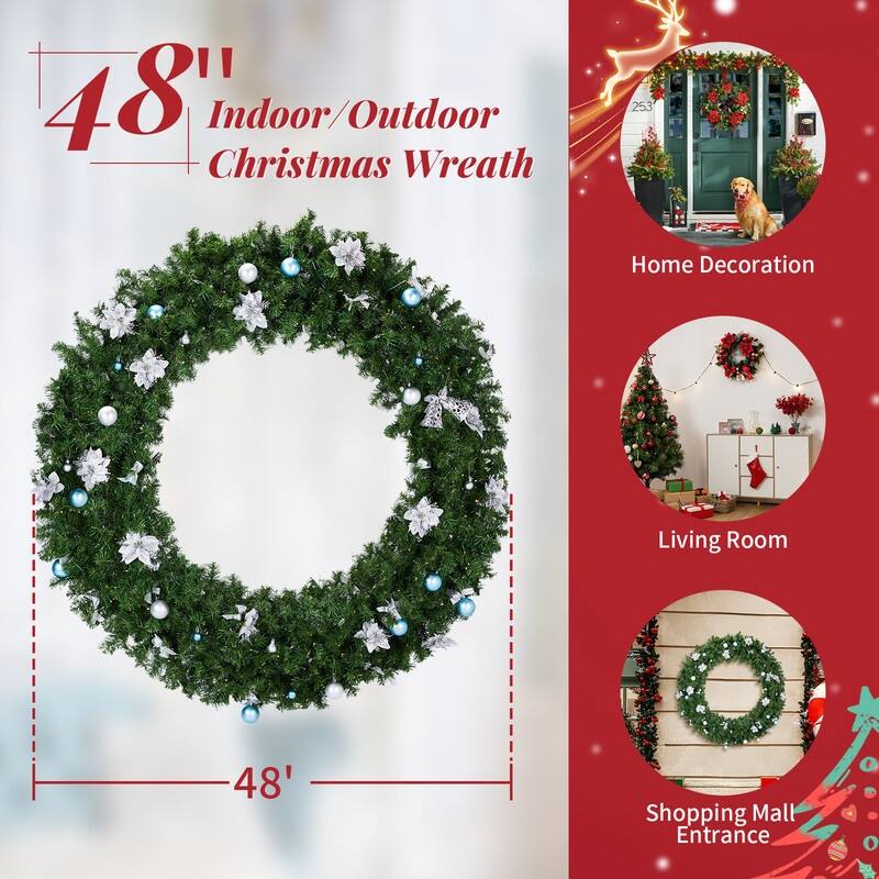 Pre-lit Christmas Wreath, Lighted Artificial Xmas Wreath with Lights and DIY Ornaments, for Xmas Party Decorations
