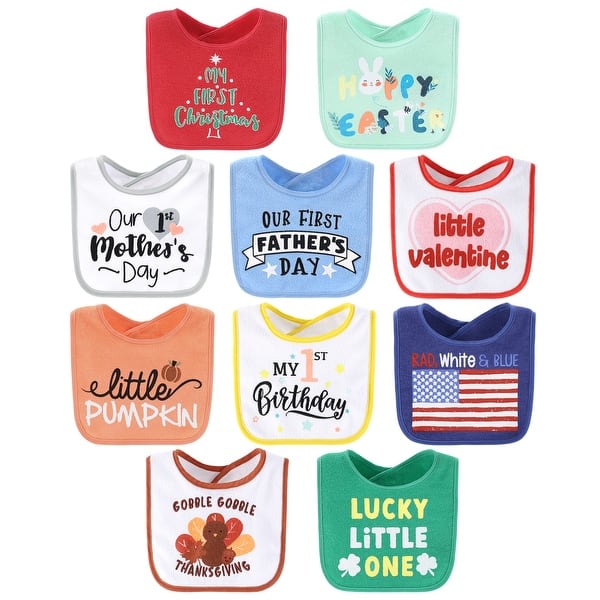 slide 1 of 1, The Peanutshell Holiday 10-Pack Terry Bibs in red, white, blue and green