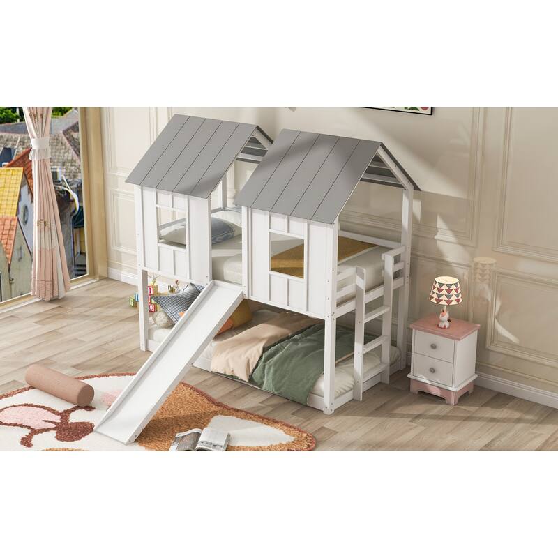 Twin Bunk Bed for Kids with Slide, Guardrails, Roof Frame and Wooden House Styling