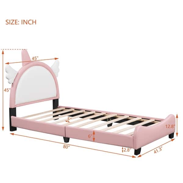 dimension image slide 2 of 3, Upholstered Leather Platform Bed with Unicorn Shape Headboard, Platform Bed Frame with Unicorn Ornament for Kids,Pink
