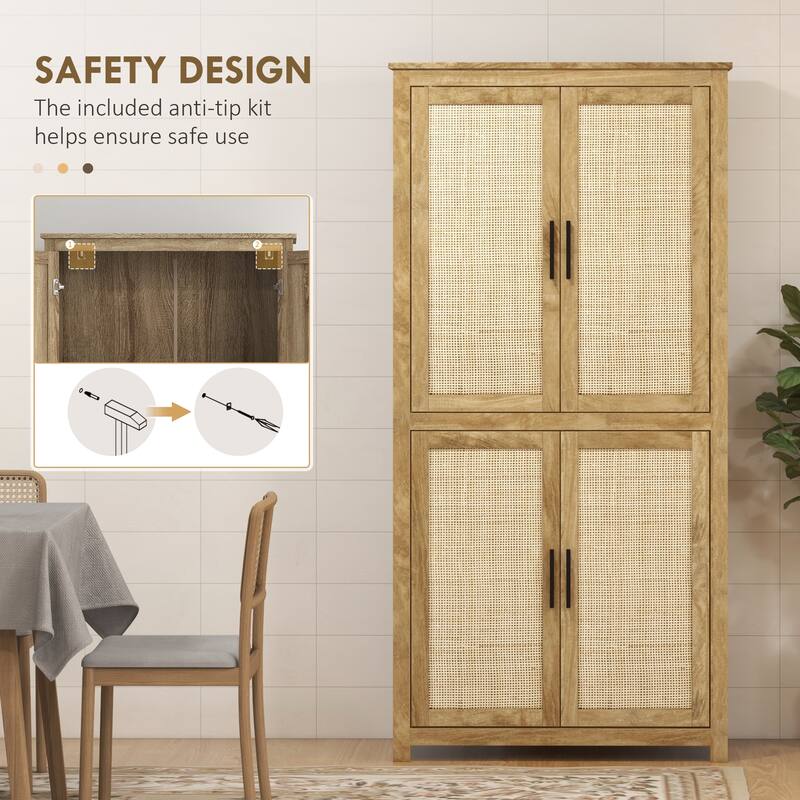 Modern Kitchen Pantry Cabinet with 6-Level Adjustable Shelf, Rattan Doors & Anti-Tip Safety Features