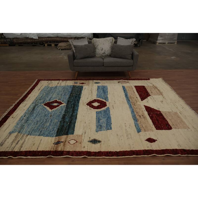 Hand Knotted Oriental 100% Wool Carpet Modern Geometric Beige & Ivories Moroccan Area Rug - 9' 10'' X 8' 3''