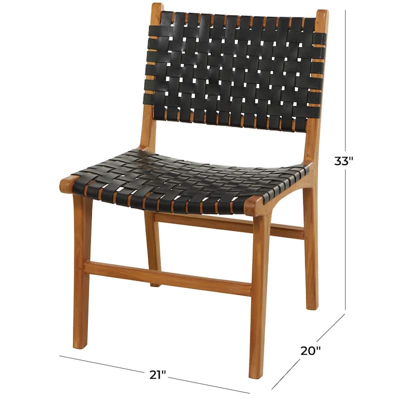 Brown, Black, White Leather Handmade Woven Kitchen Dining Chair with Teak Wood Frame