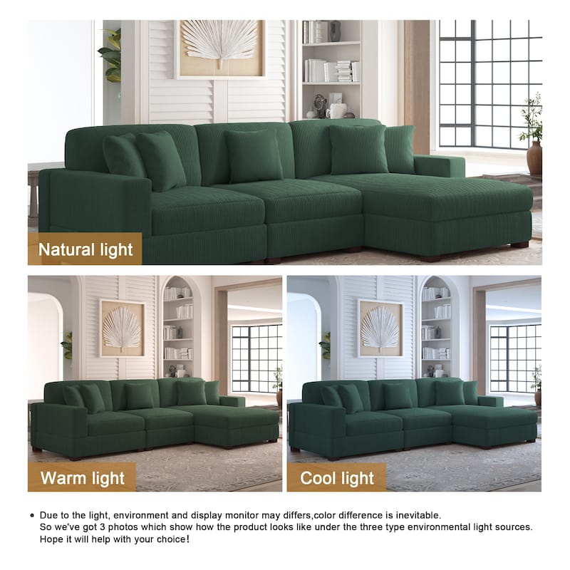 118" W Corduroy L-shape Modular Sectional Sofa with Pillows