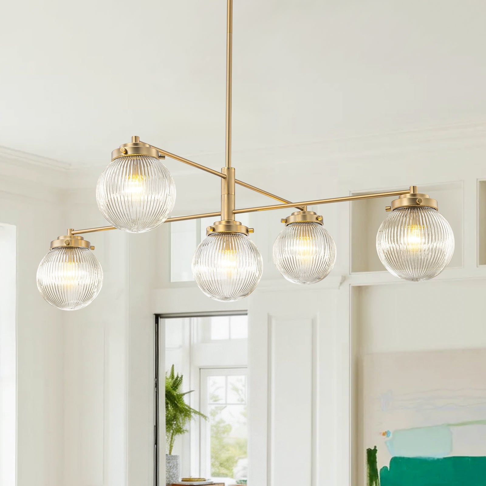 5-Light Striped Glass Mid Century Linear Chandelier For Dining Room - 39.4 in