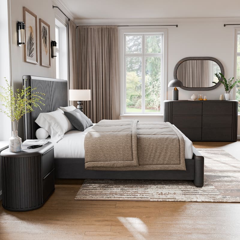 Furniture of America Caelan I Modern 5-Piece Black Solid Wood Fluted Panel Bedroom Set - Queen
