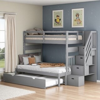 Twin Over Full Bunk Bed with Trundle, Staircase Storage, Shelves and ...