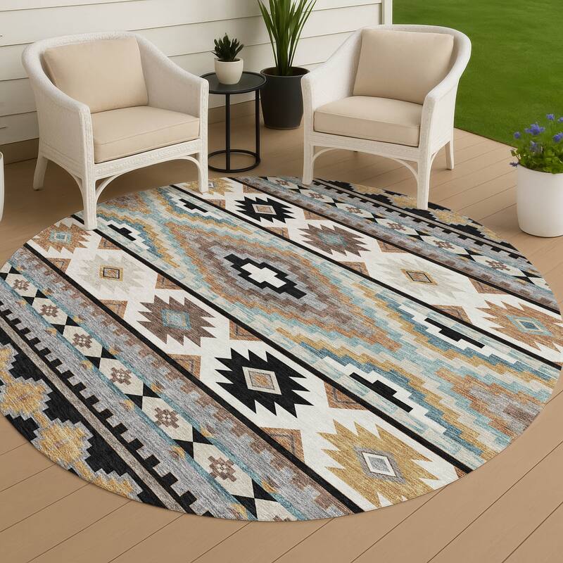 Machine Washable Indoor/ Outdoor Modern Ottawa Chantille Rug - Black - 8' x 8'