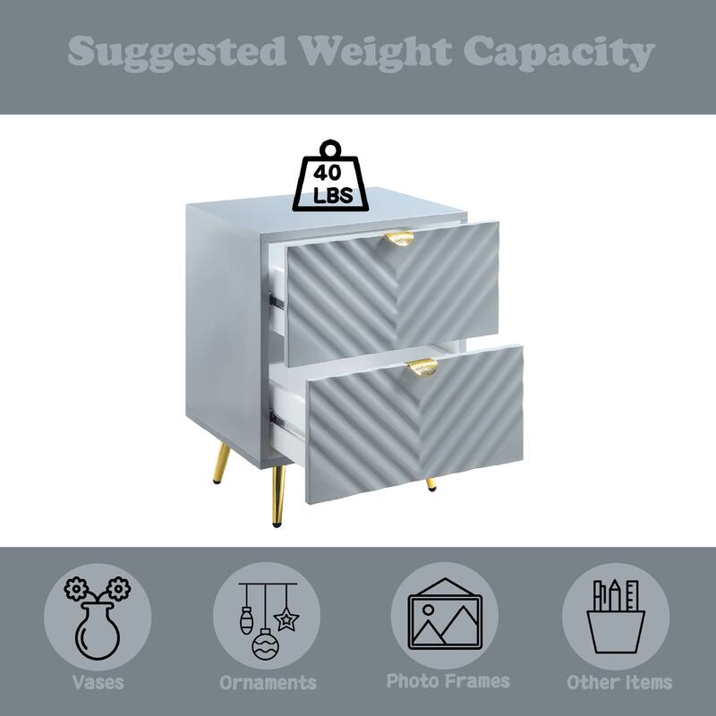 Gray High Gloss Finish Nightstand with 2 Storage Drawers and Metal Legs