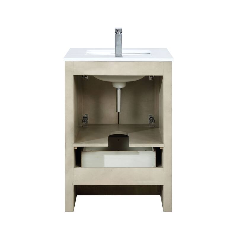 Lafarre 30 in W x 20 in D Rustic Acacia Bath Vanity, White Quartz Top, Brushed Nickel Faucet Set and 28 in Mirror