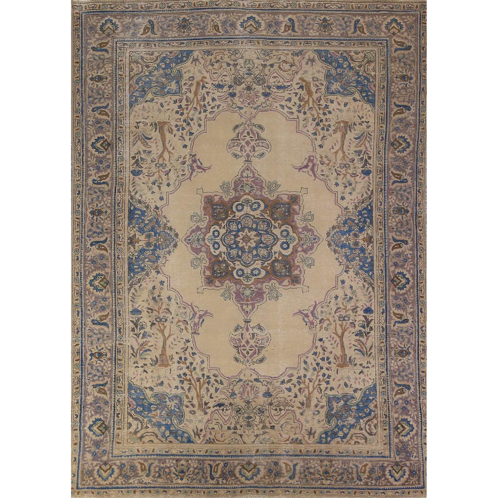 Geometric Tabriz Persian Area Rug Handmade Beige Wool Carpet - 7'8"x 11'3"
