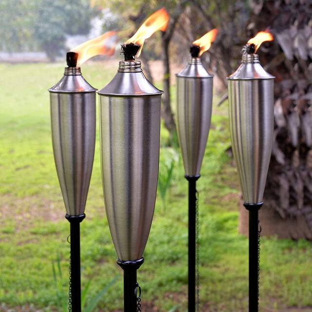 Garden Torch Set of 4 | Natural Flickering Flame Outdoor Lighting Metal Torch for Party Patio Pathway - Silver