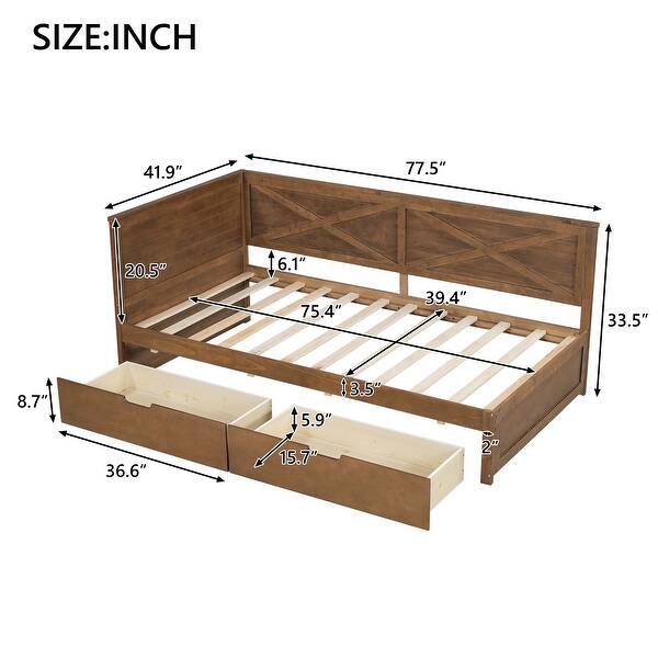 dimension image slide 2 of 4, Twin Size Solid Pine Wood Daybed, Sofa Bed Frame with X-Shaped Design Guardrail for Kids Boys Adults