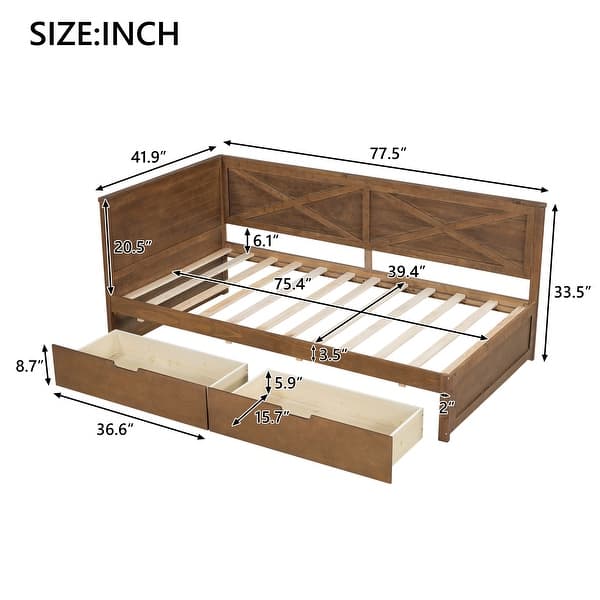 Twin Size Wood Daybed with 2 Drawers, Sofa Bed Frame with X-Shaped Design Guardrail for Kids Boys Adults, Brown -2 Drawers