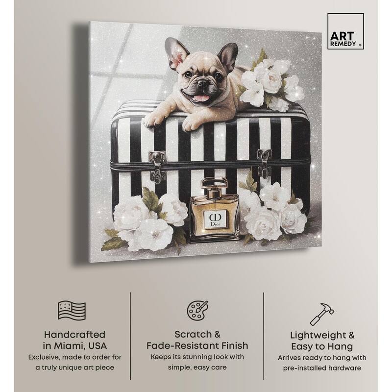 Frenchie Luggage Flowers Acrylic by Art Remedy, Ready to Hang