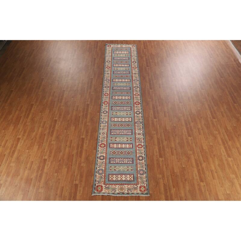 Kazak Runner Rug Handmade Blue Wool Carpet - 3'2" x 16'4"