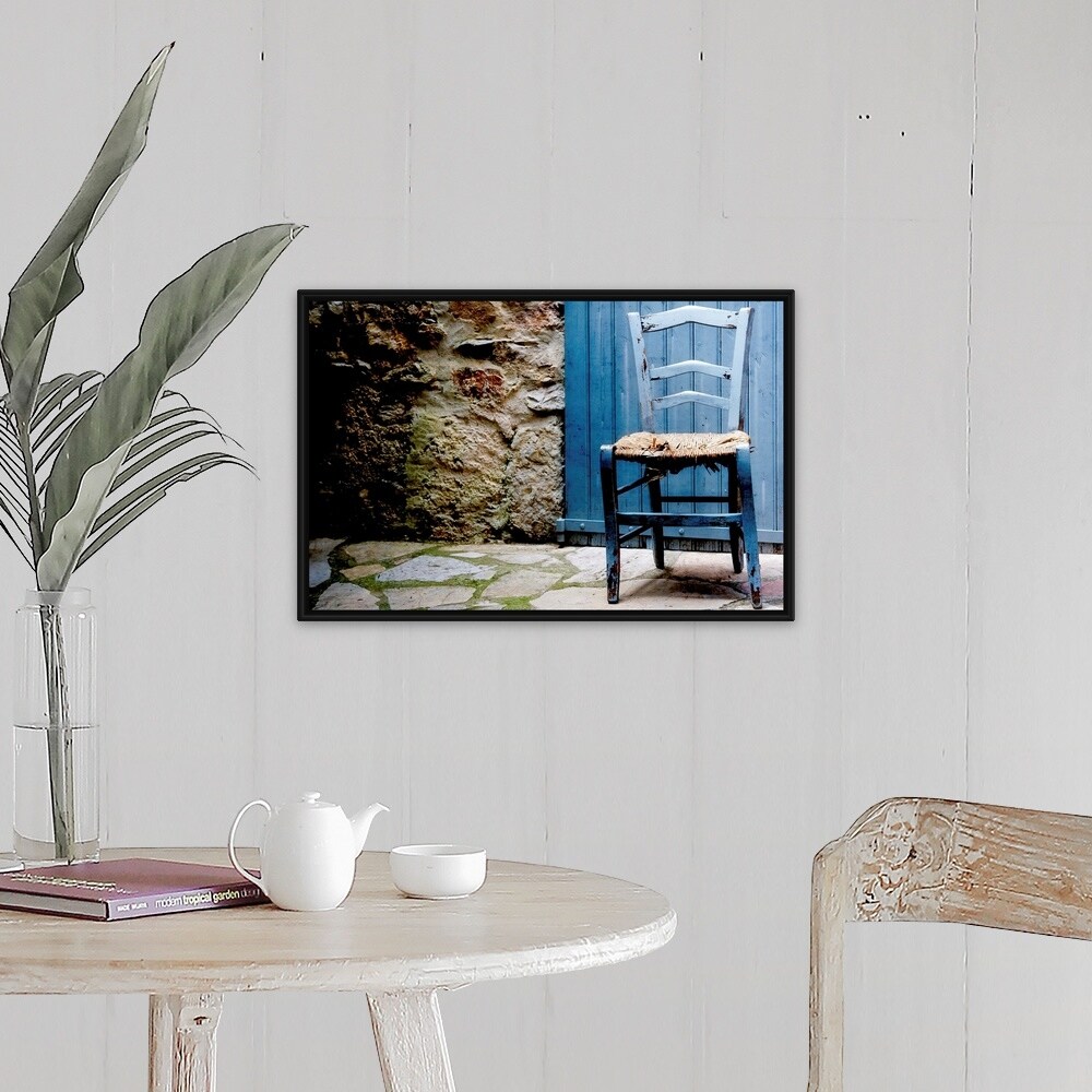 Shop Old Blue Wooden Chair With Damaged Caned Seat Black Float Frame Canvas Art Overstock 25516196
