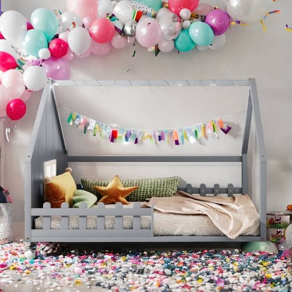 slide 2 of 33, Wood Playful Design Full Size House Bed Kids Bed with LED,Window and Fence Grey