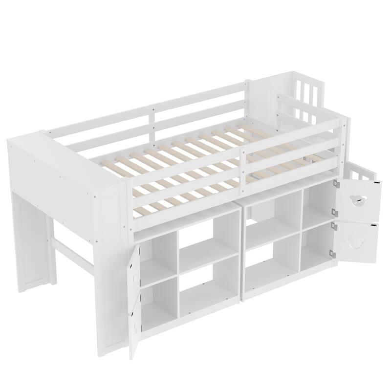 Twin Size LED Loft Bed, Wooden Low Loftbed Frame with Under Bed Storage, Shelves and Storage Stairs
