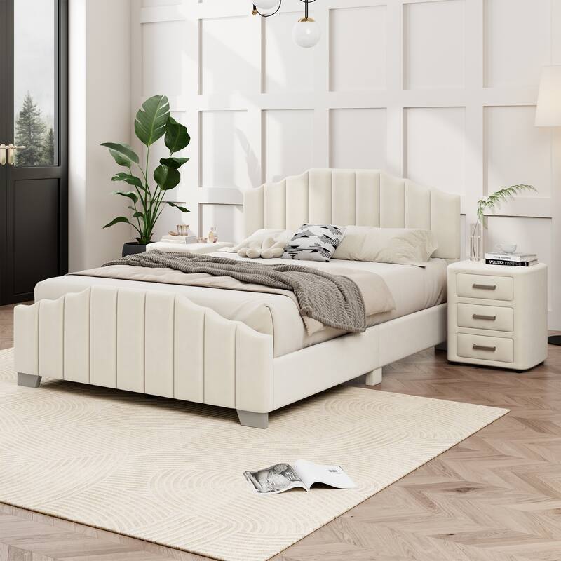 Velvet Upholstered Platform Bed Frame Vertical Channel Wingback Bed Tufted Headboard Footboard, Low Profile Panel Bed - Beige with 2 Drawers - Full