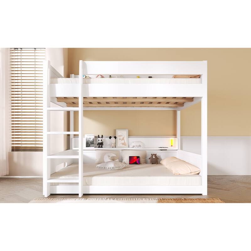 Roomfitters Queen Over Queen Bunk Bed with Storage Shelves and USB Ports