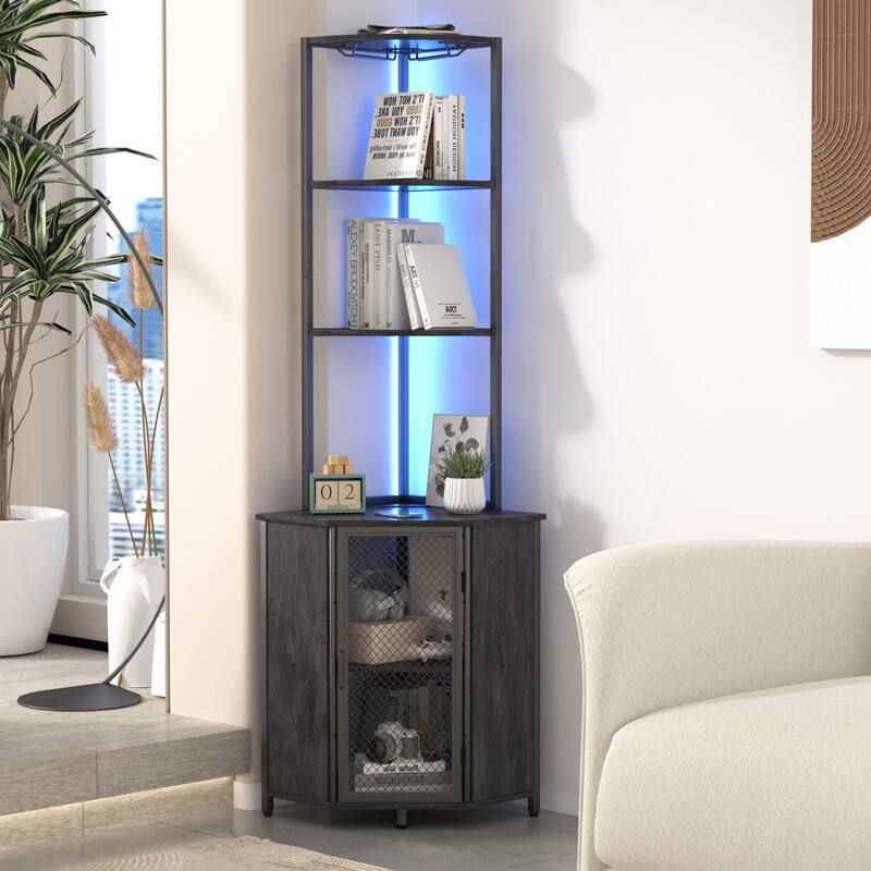 VECELO Tall Bookshelf 63.2"Large Bookcases Organizer with LED Lights Free-Standing Library Bookshelf with 5-Tier Storage Shelves - Grey