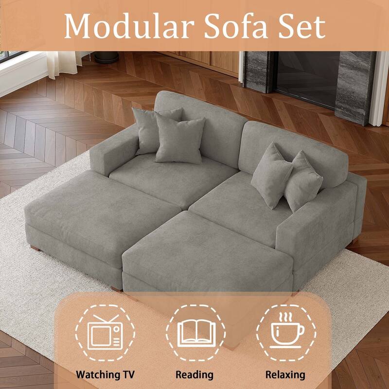 Oversized Chenille Modular Sectional Sofa Conversation Set with 2 Ottomans