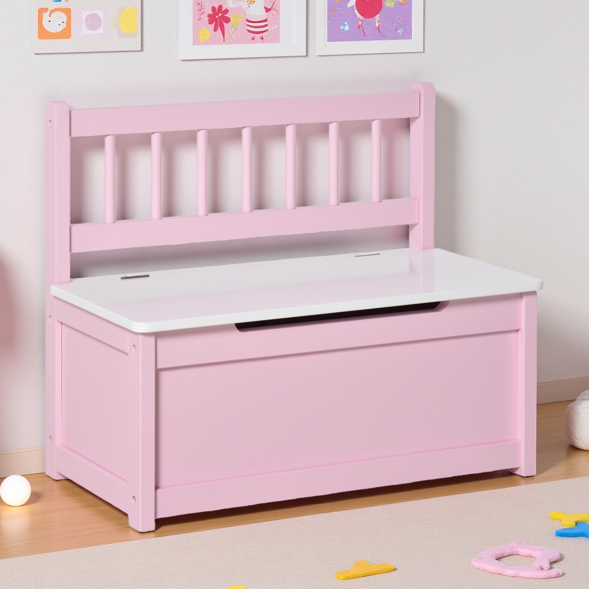 23.5"L Toddler Toy Box Storage Bench, Wooden Storage Chest with Sitting Area, Safety Feature, Kids Toy Organizer and Storage Bin