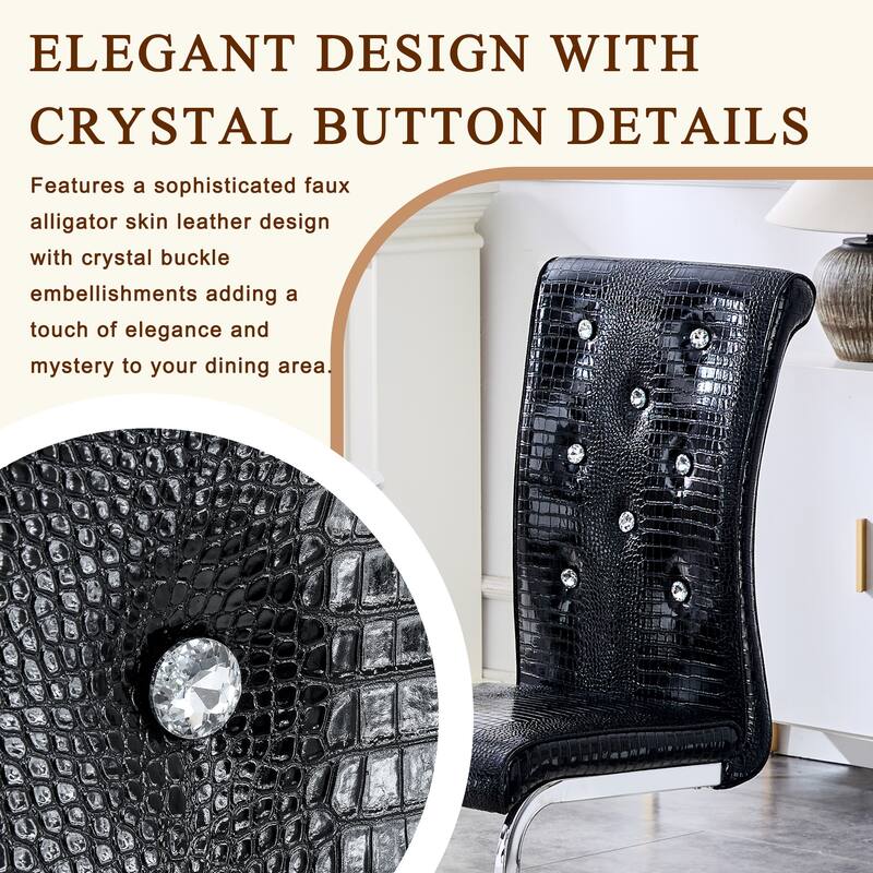 Set of 2, Retro Faux Alligator Skin Upholstered Dining Chairs, with Crystal Buckle Design and Faux Leather Design