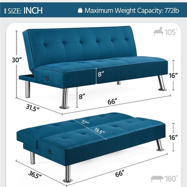 Yaheetech Modern Tufted Fabric Futon Bed Convertible Futon with USB ...