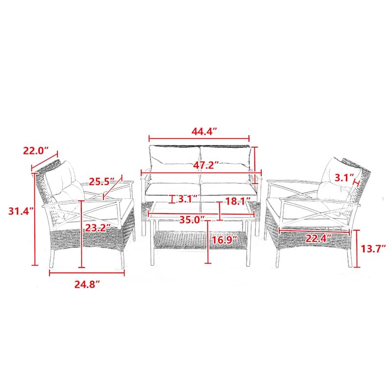 Patio 4 Piece Sectional Low Dining Conversation Sofa Set