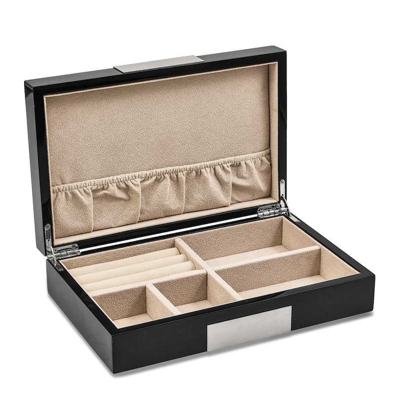 Curata Lacquered Black Finish with Metal Accent Velour Lined Wooden Valet Jewelry Box