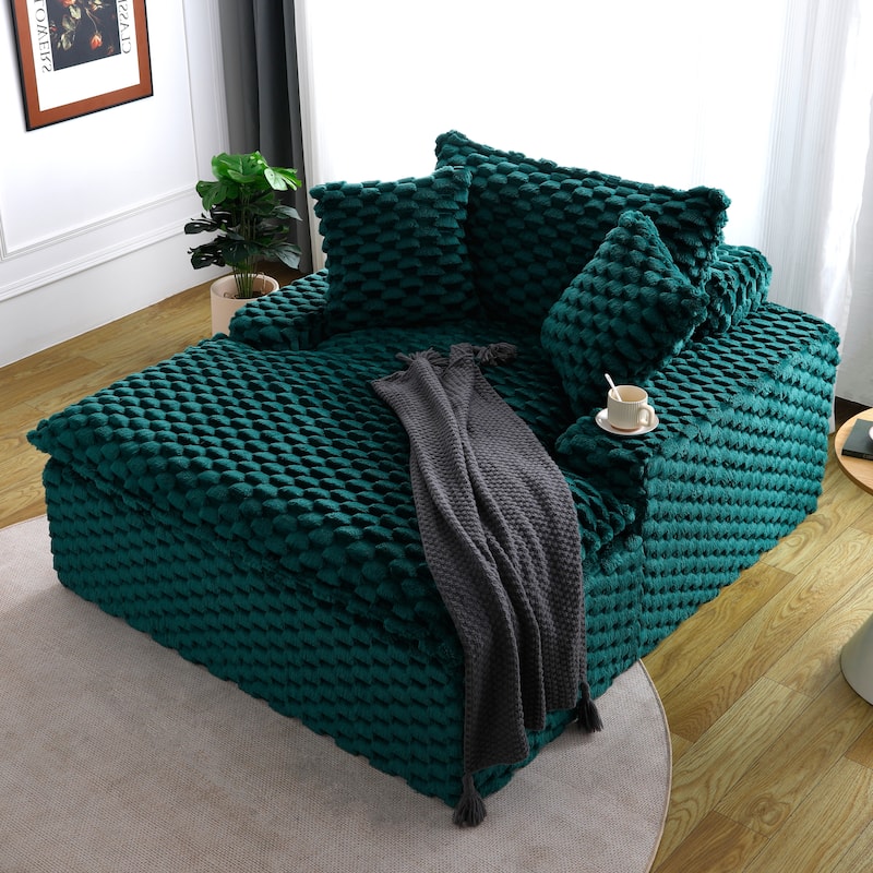 Versatile Chaise Lounge Couch Floor Standing Sofa Chair Turtle Fleece Single Accent Chiar with Pillows and Streamlined Armrests - Green
