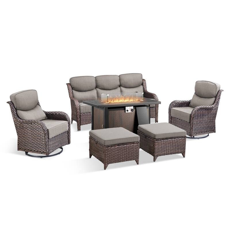Pocassy Patio Sofa Swivel Chairs Ottoman w/ 43in Fire Table Set