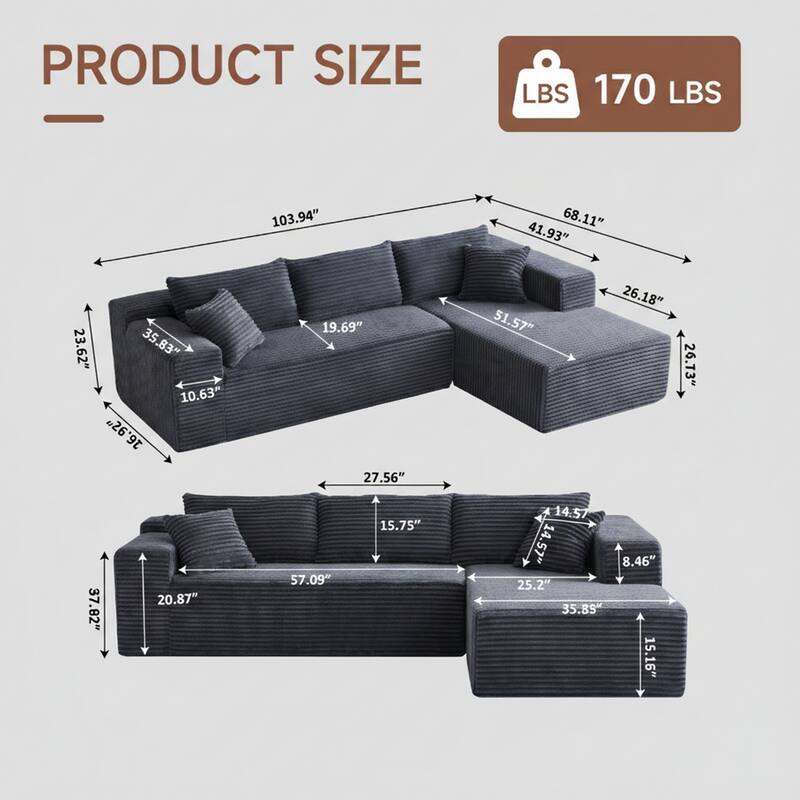 103.54" Flannel L-Shaped High-Density Modern Modular Sectional Sofa with Chaise & Pillows