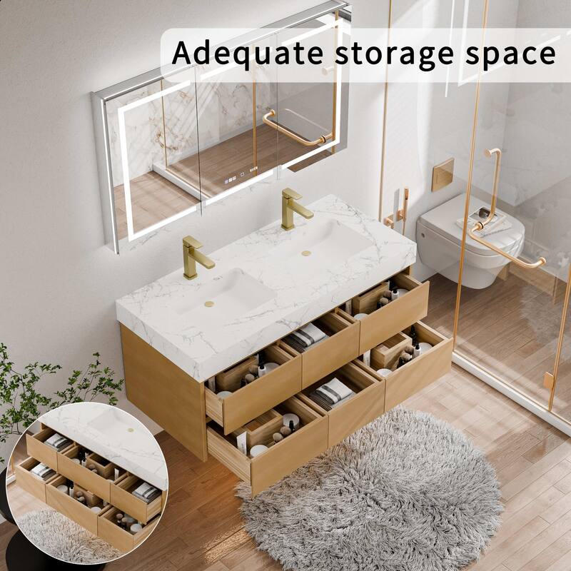 Modland 48" Floating Bathroom Vanity with Single/Double Sink, Modern Maple Wood Wall Mounted Vanity with Marble Countertop