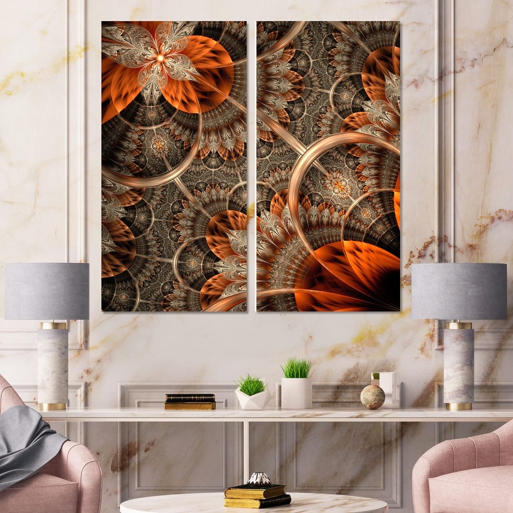 Designart "Orange Brown Digital Art Fractal Flower" Floral Canvas Wall Art Print 2 Piece Set