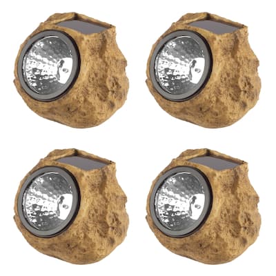 Solar Outdoor Lights - 4-Pack of All-Weather Faux-Stone LED Rock Lights by Pure Garden (Brown)