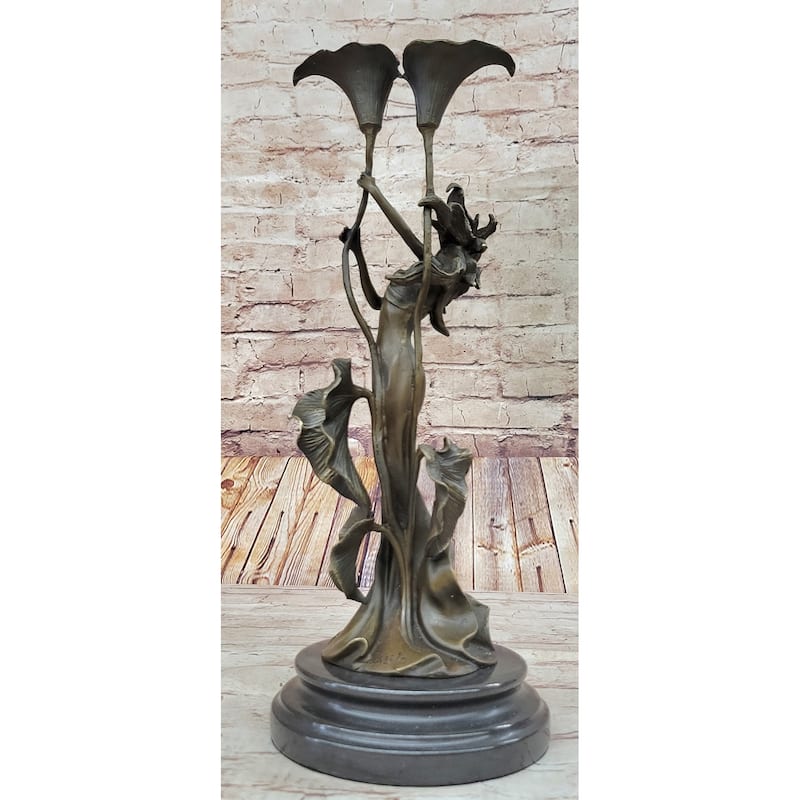 Tulip Young Girl Candlestick Statue Bronze Art Deco Candleholder Sculpture