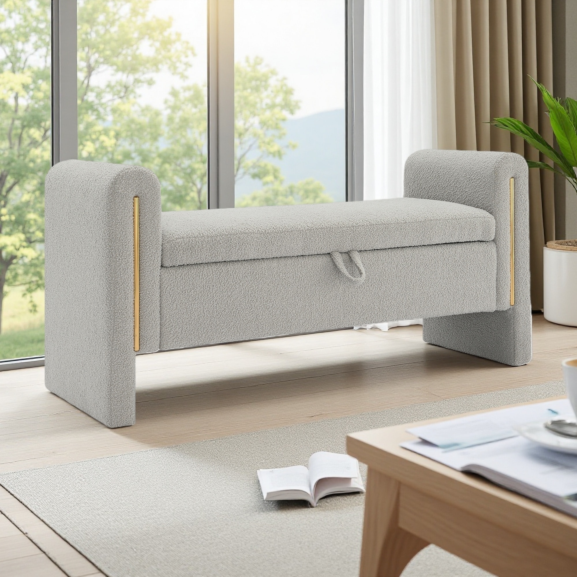 52"L Teddy Bed End Bench with Arms and Storage, Upholstered Large Foot Rest Stool, Window Vanity Bench for Bedroom, Dorm