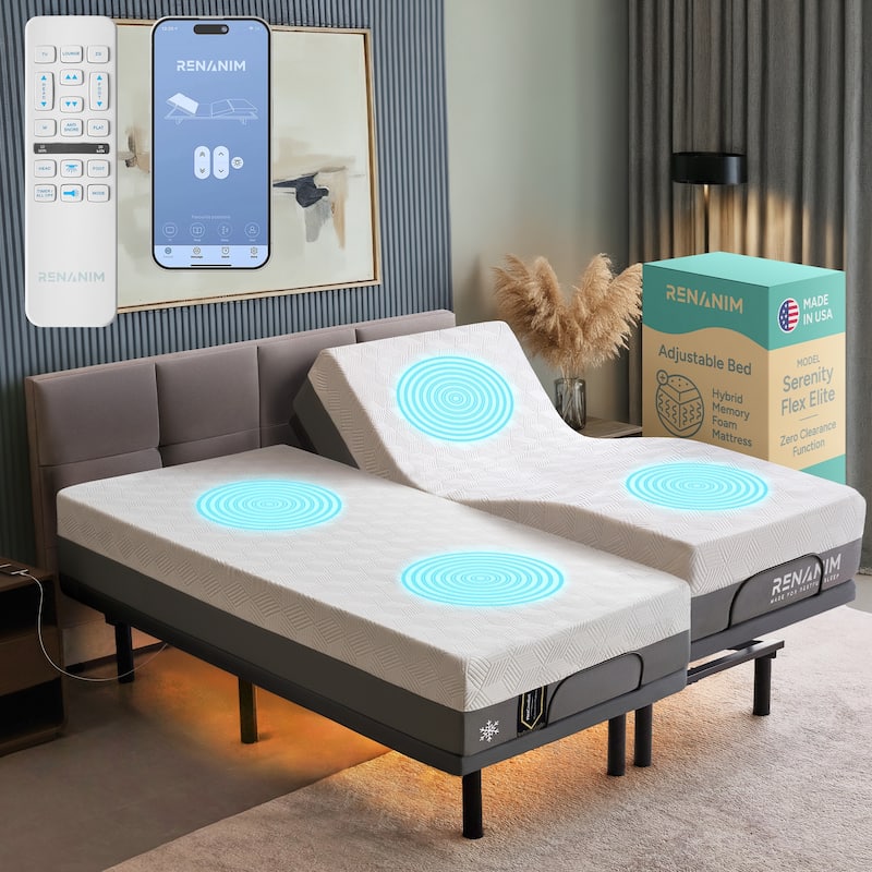 Renanim Adjustable SplitKing Bed Frame with Hybrid Mattress, Dual Massage, USB Ports, App, Remote - Split King - Plush