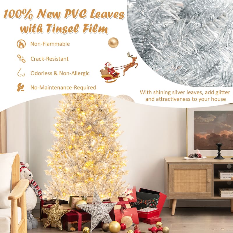Gymax 6 FT Pre-lit Artificial Silver Tinsel Christmas Tree Slim Pencil